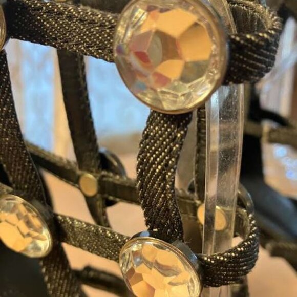 Karl Lagerfeld Beatriz Crystal Block Heel Black Denim Size 9 NWOT - Picture 3 of 6